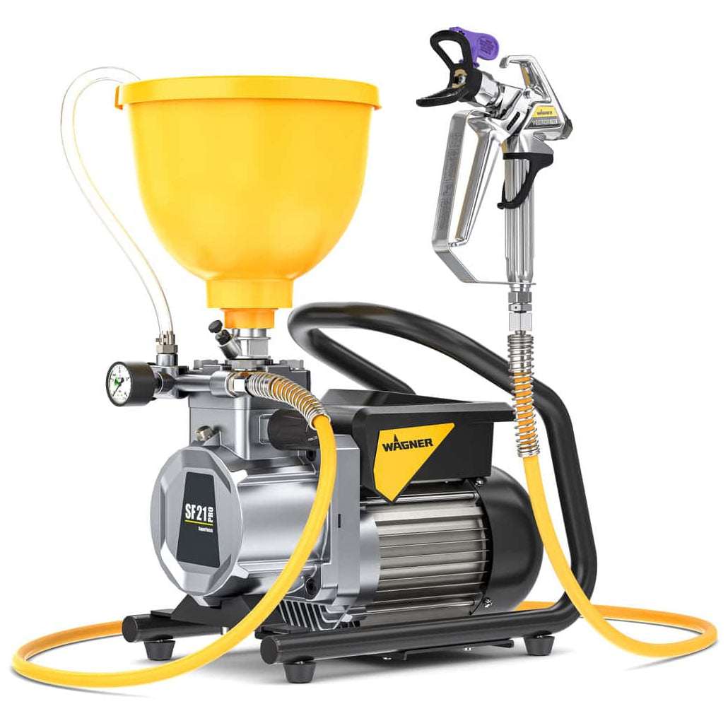 Wagner SuperFinish SF21 Pro Hopper airless spray unit with a yellow hopper, black body, and yellow hoses.