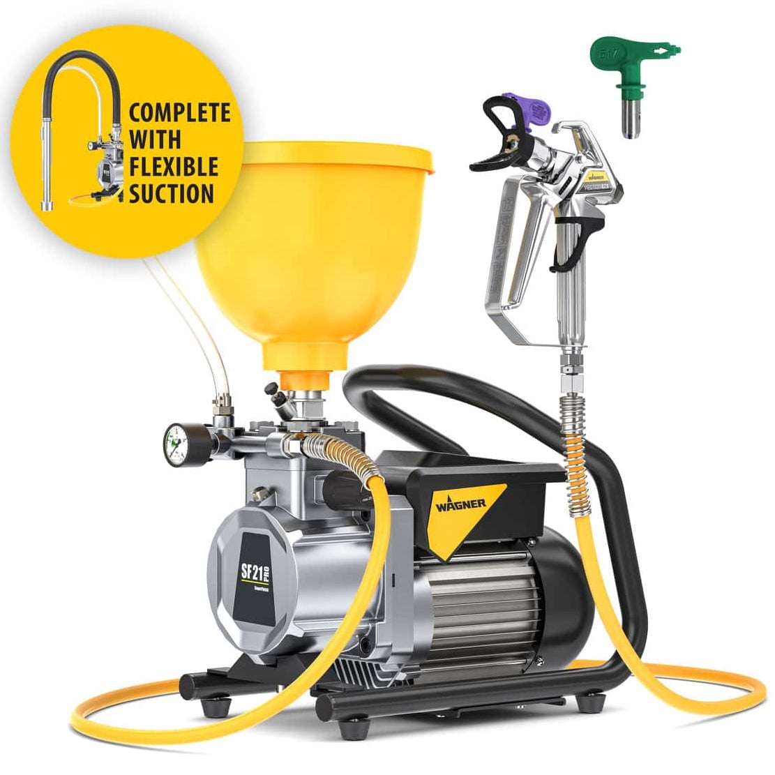 Wagner airless paint sprayer with a yellow suction hose and black and gray unit, including a spray gun attached.