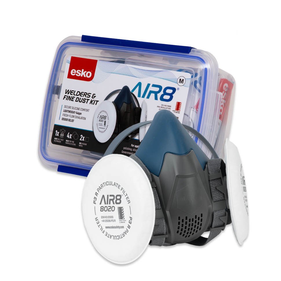 Esko welding and fine dust kit with mask and filters on a white background