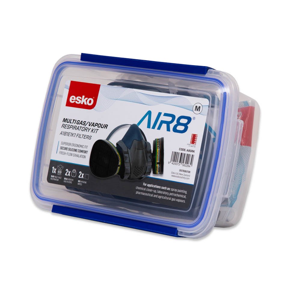 Esko Air8 MultiGas / Vapour Respiratory Kit in a clear plastic storage container with blue latches, shown on a white background.