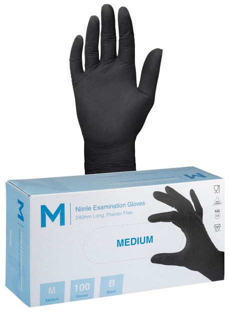 Disposable Black Nitrile Powder Free Gloves - 100 Pack