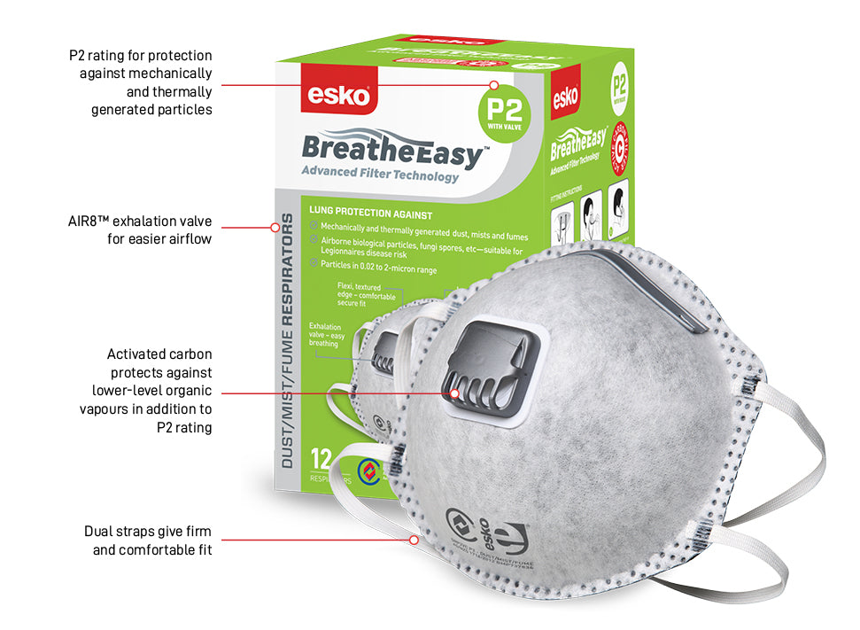 Esko Breathe Easy Disposable Valved Dust / Mist / Fume Respirator Masks P2 Rated With Carbon Filter