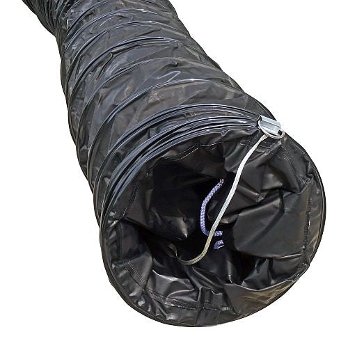 Explosion proof black flexible ducting with visible reinforced fabric and aluminum couplers.