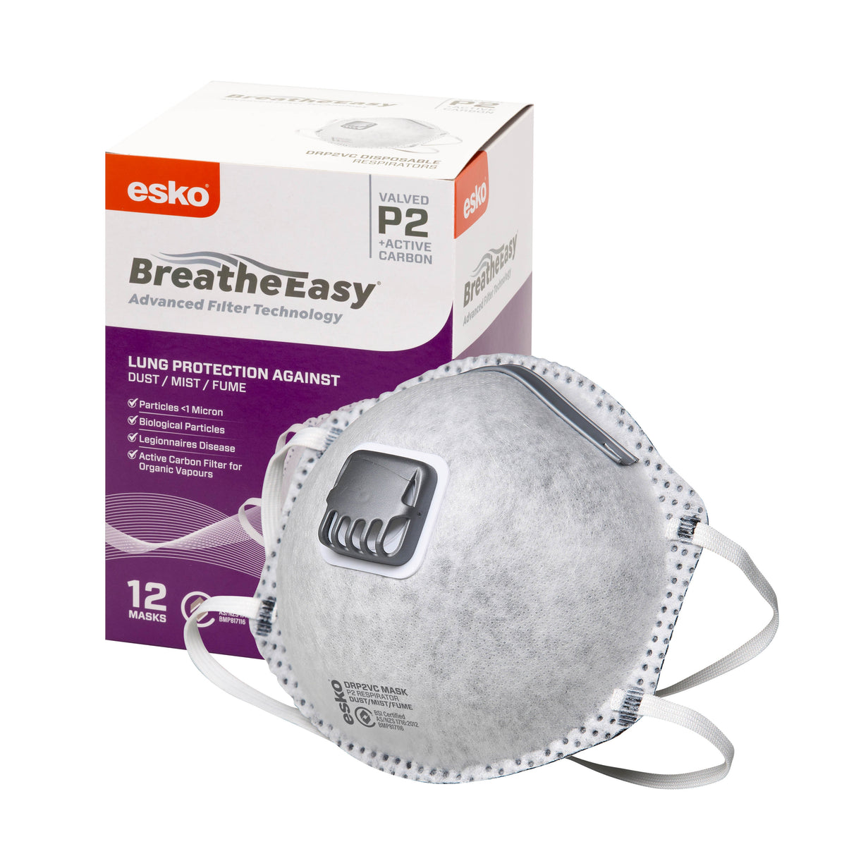 Esko Breathe Easy Disposable Valved Dust / Mist / Fume Respirator Masks P2 Rated With Carbon Filter