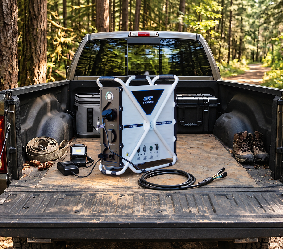 GT Power GT20000G5 portable power station in white and black with a handle and fold-out frame, shown on a plain white background.