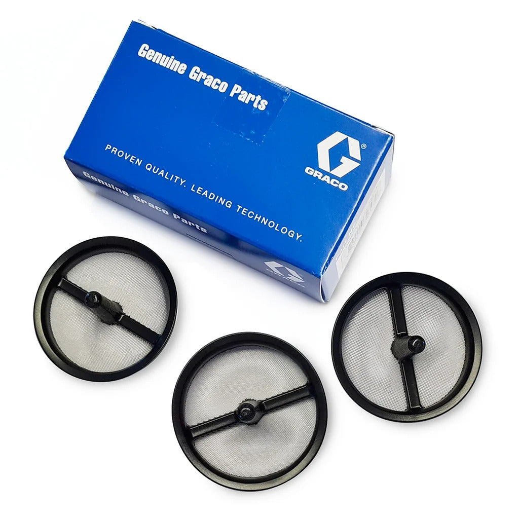 Three circular black and silver replacement filters displayed next to a blue Graco Genuine Parts box