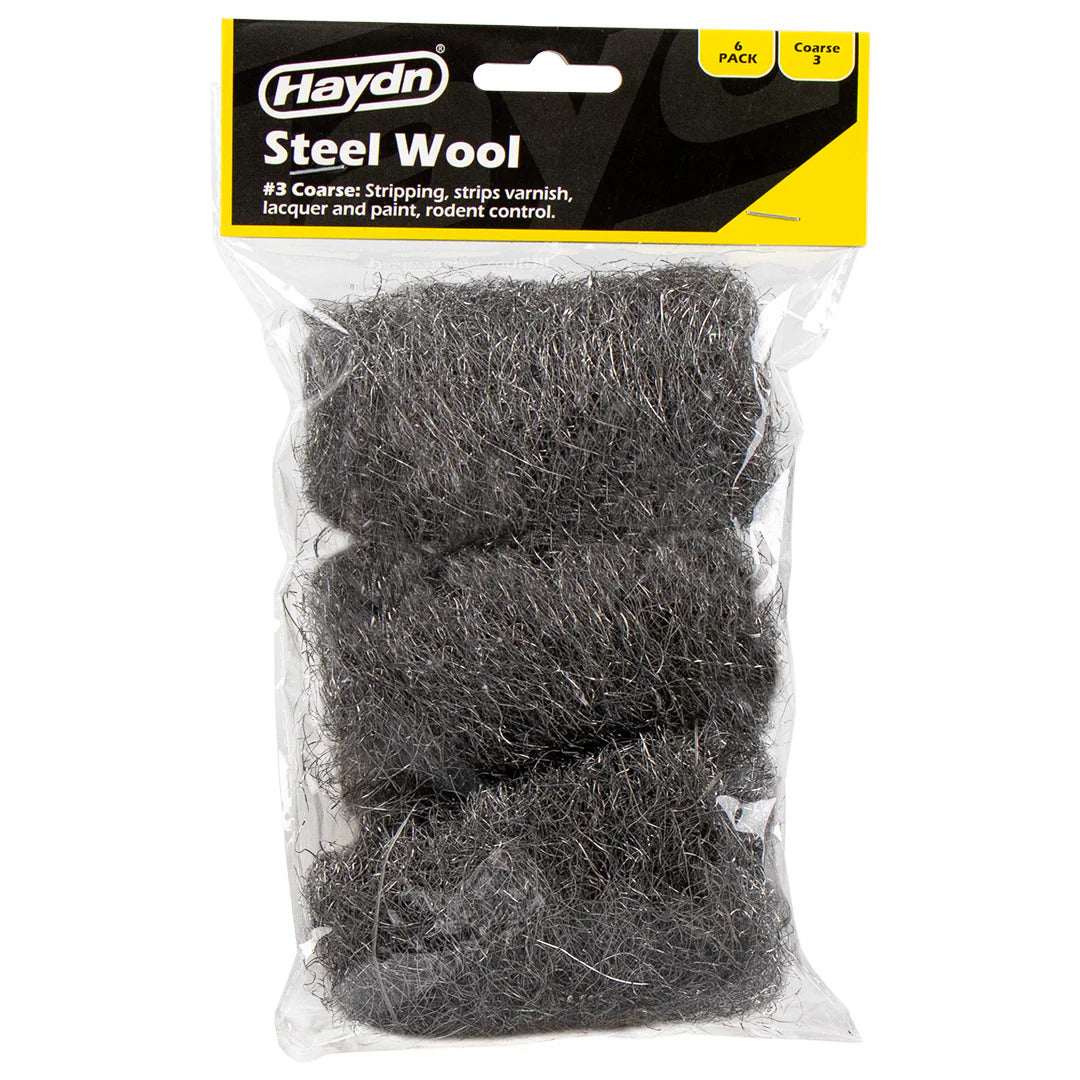 Haydn steel wool package with three pieces visible in clear packaging on a white background.