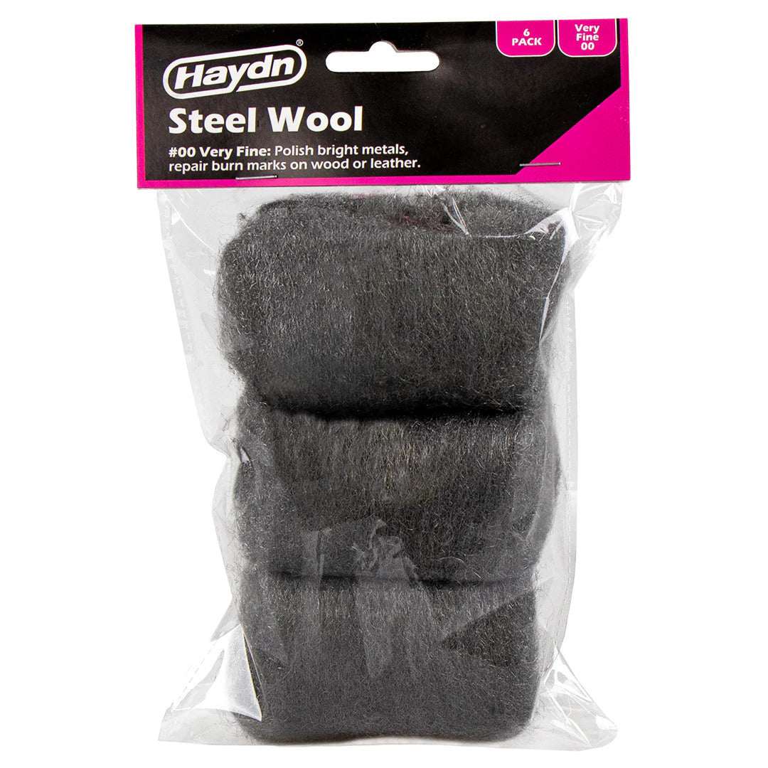 Haydn steel wool package with three pieces inside a clear plastic bag on a white background.