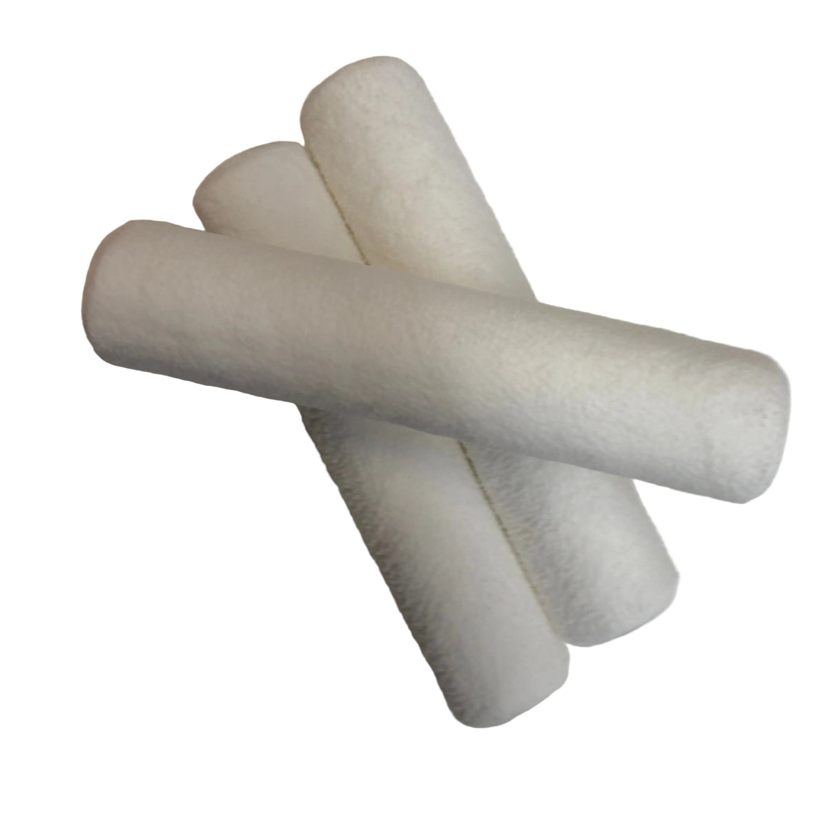 Three cylindrical foam rollers on a white surface