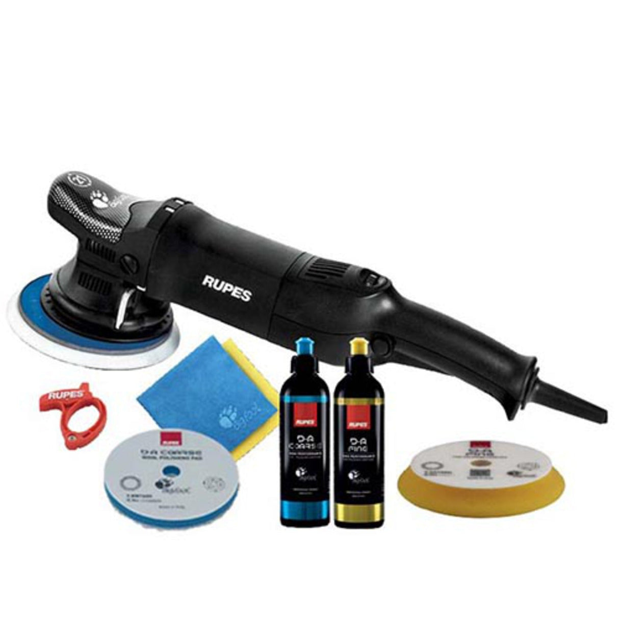Rupes car polishing tool set with accessories on a white background