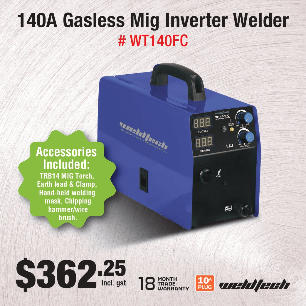 Weldtech Gasless MIG Welder 140A - Ideal For The Home Workshop WT140FC - FREE Accessories