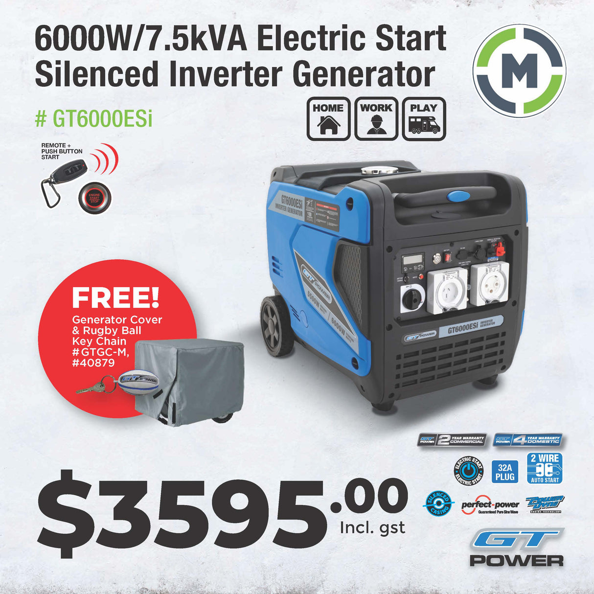 6000W Silenced Electric Start Inverter Generator - Powerful And Compact GT6000ESi - INCLUDES FREE STORAGE COVER