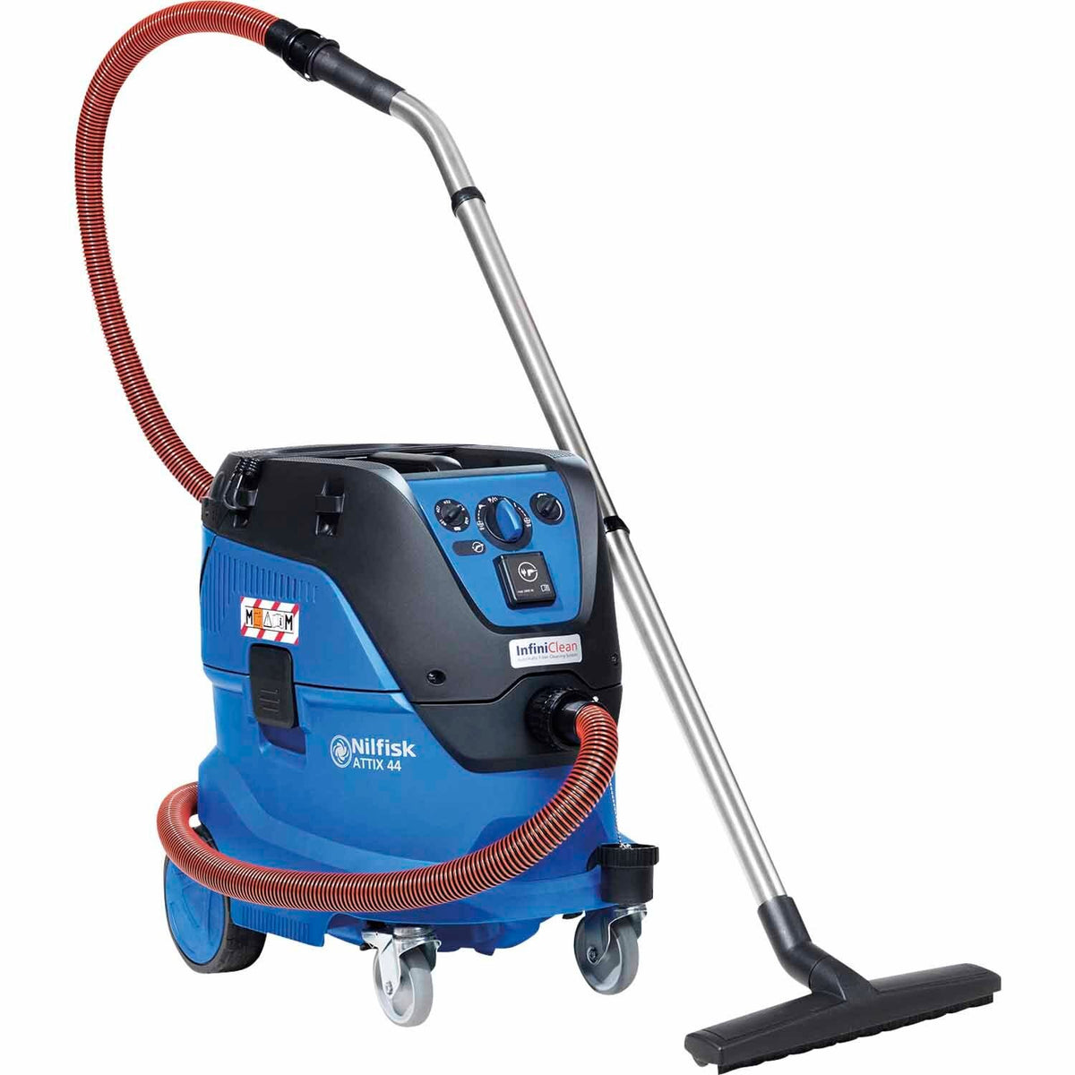 Blue Nilfisk cleaning machine with hose and nozzle on a white background