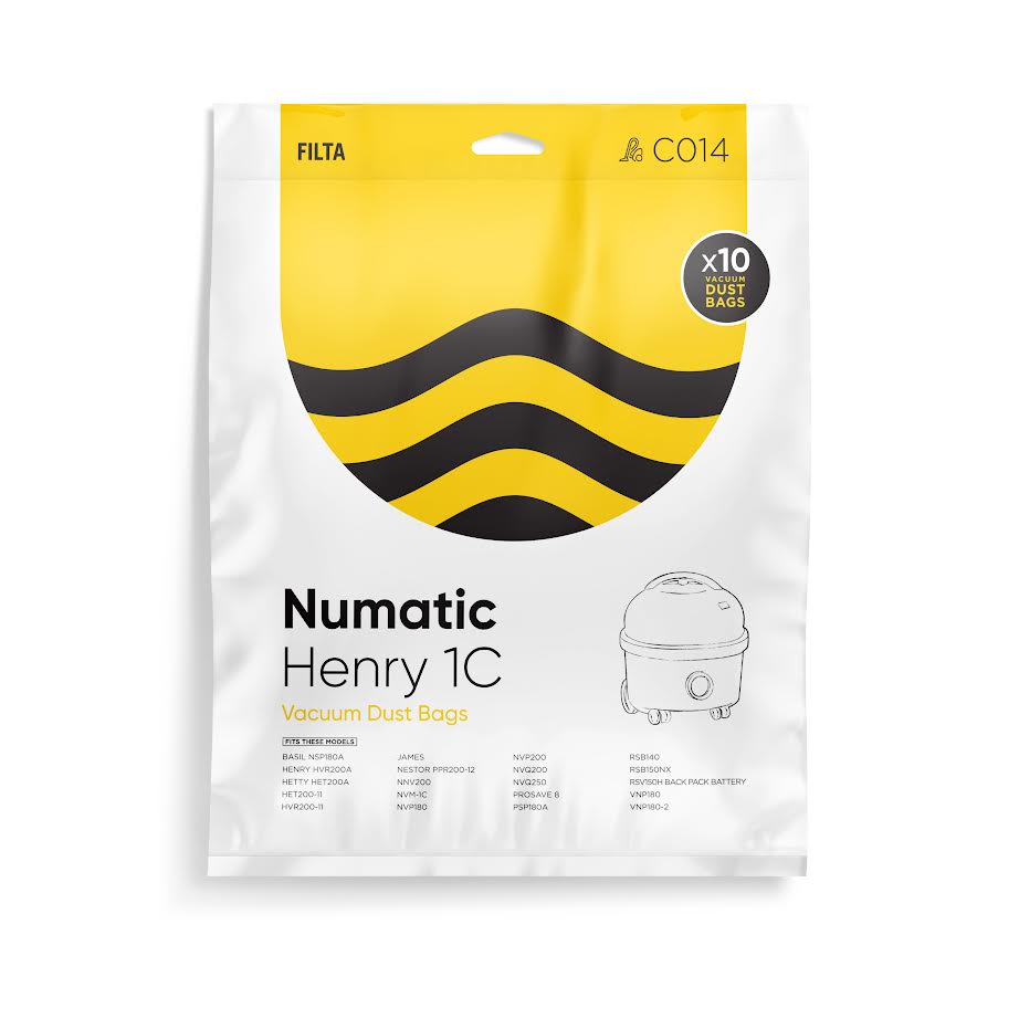 Packaging of Numatic Henry 1C Microfibre Vacuum Bags showing the product name, vacuum bag image, and compatible vacuum cleaner models.