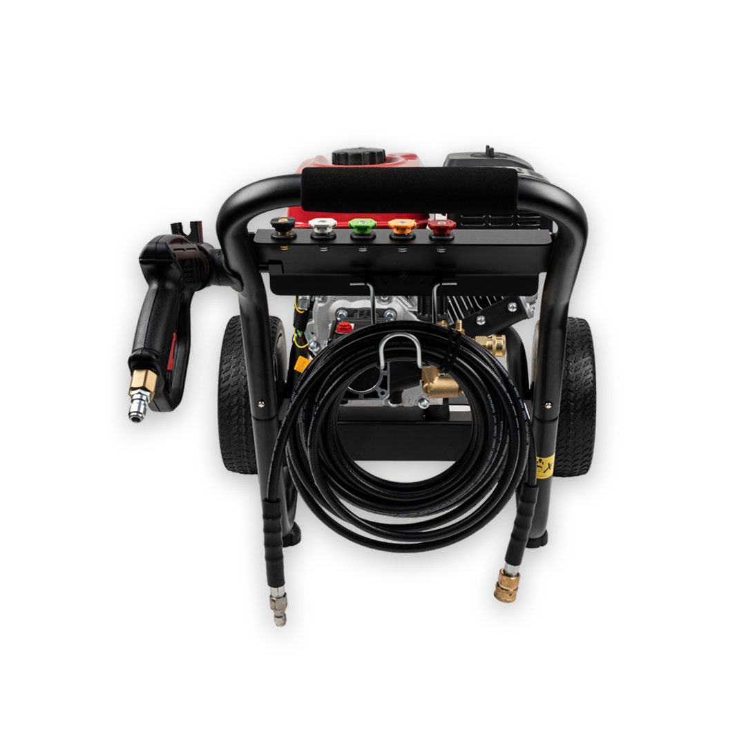 Pressure washer with hose and nozzles on a white background