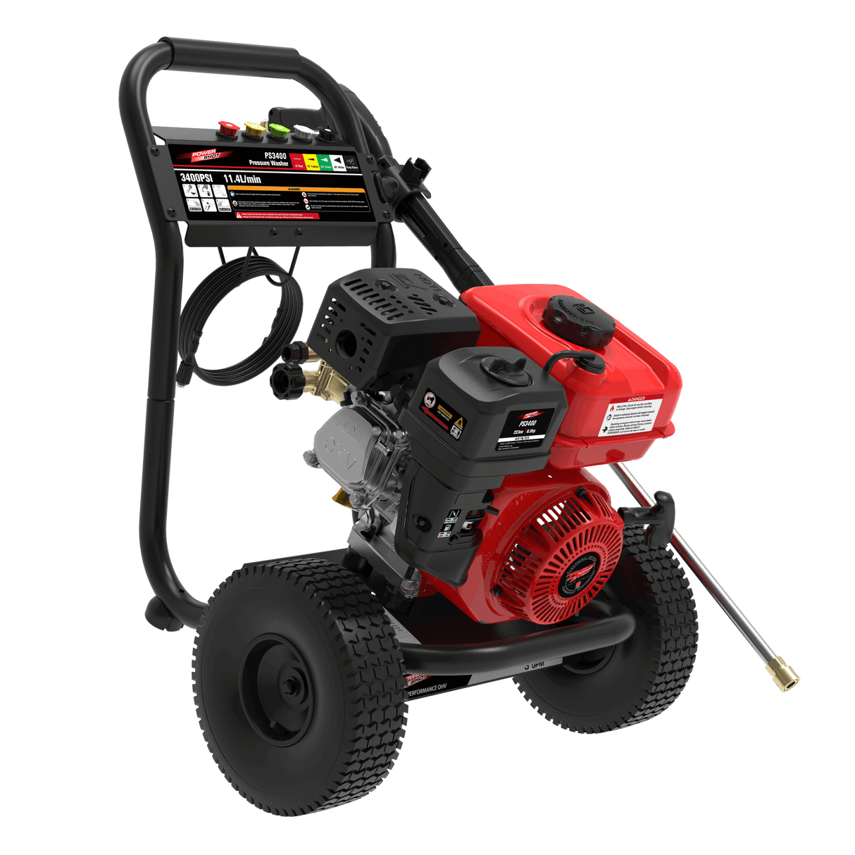 Red and black pressure washer on a white background