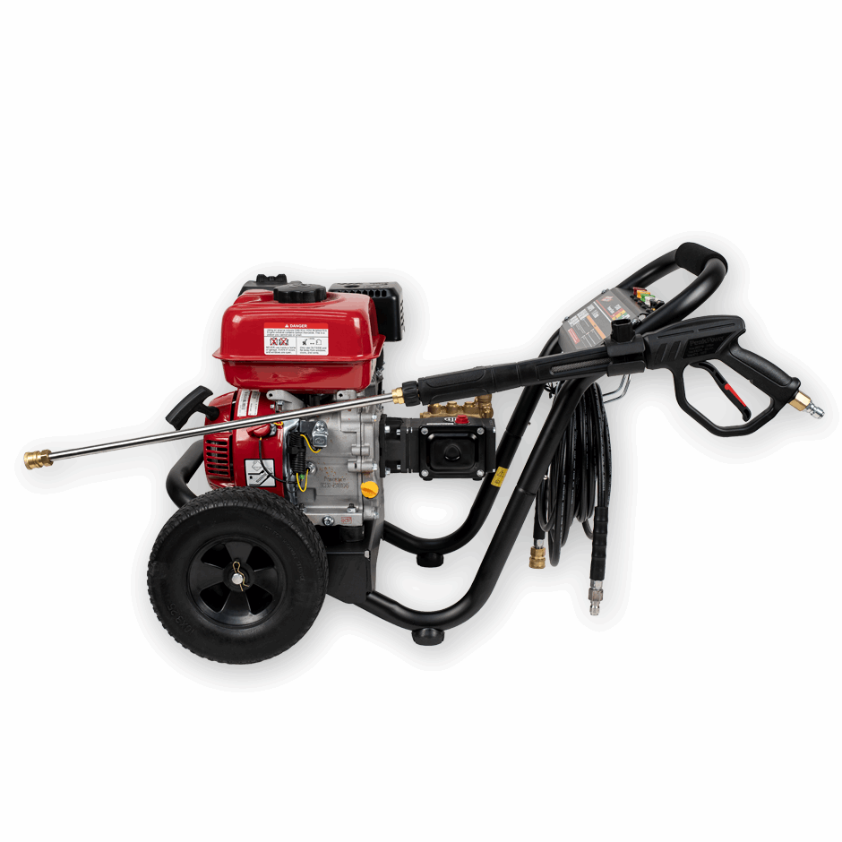 Red and black pressure washer with hose and nozzle on a white background