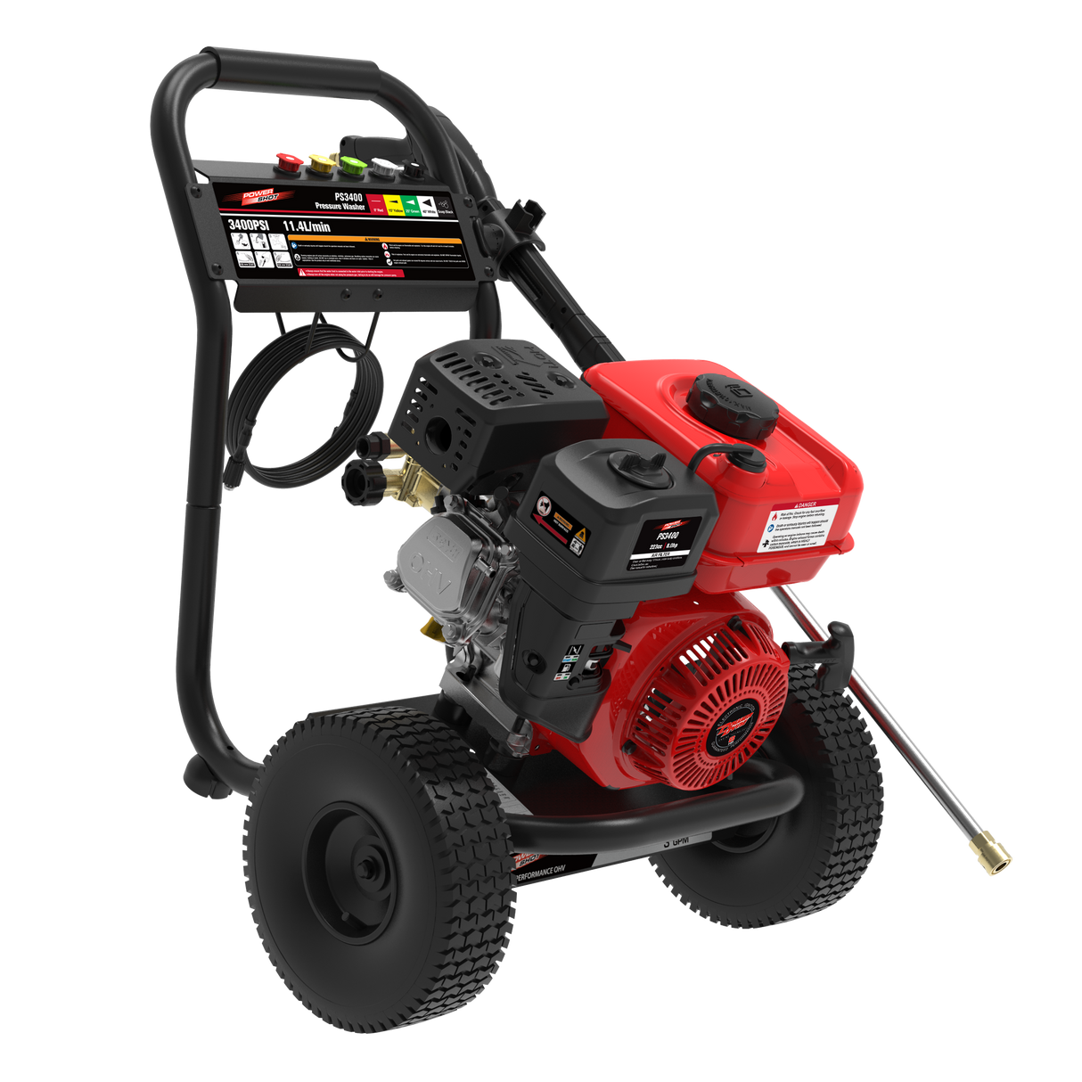 Red and black pressure washer on a white background