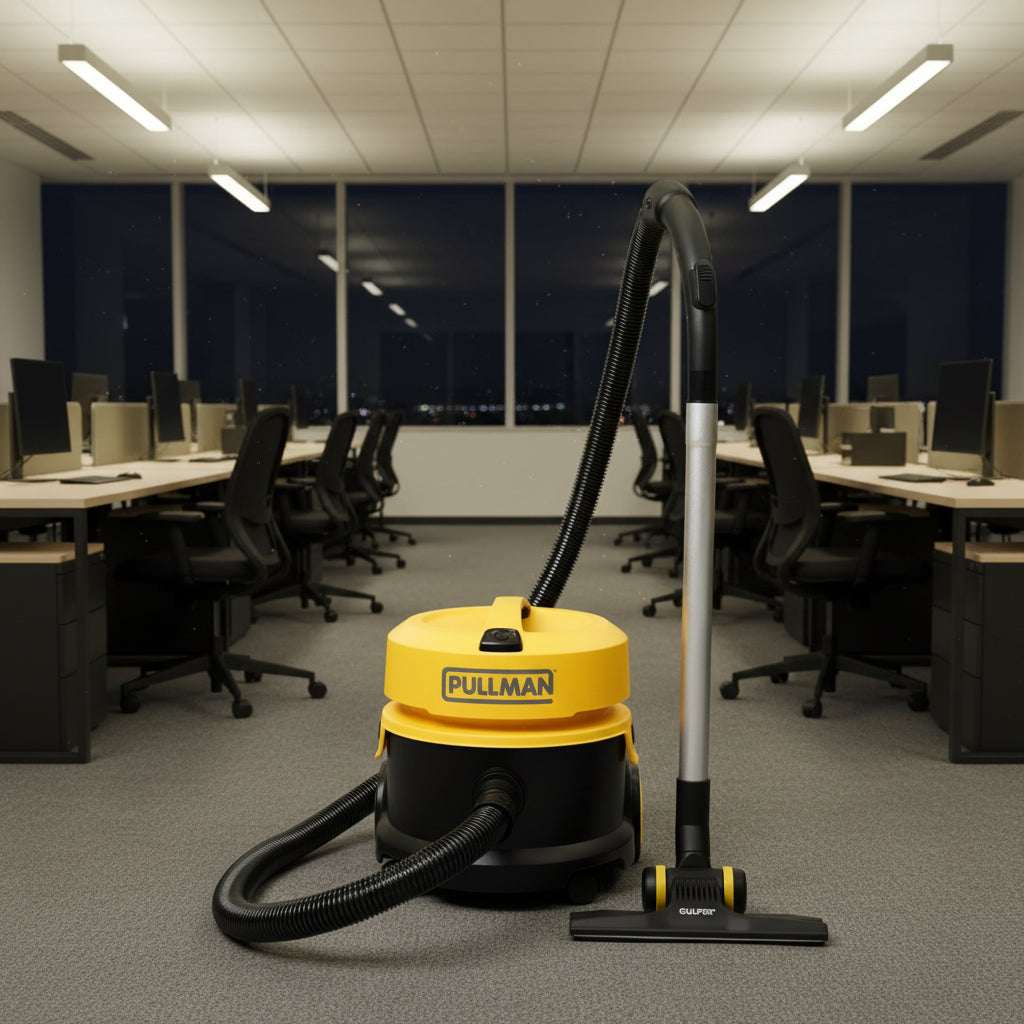 Yellow and black vacuum cleaner with attachments on a white background