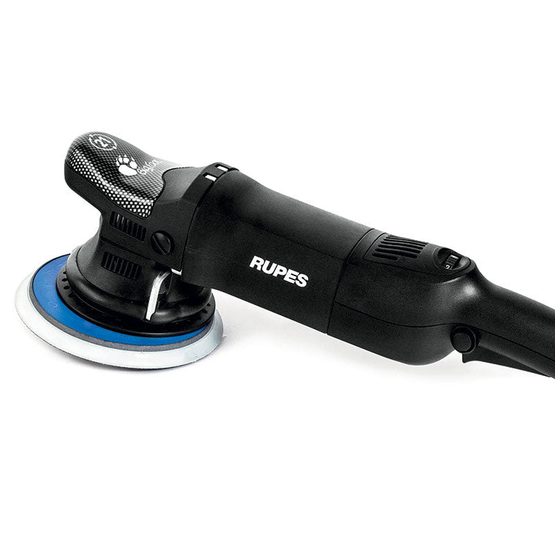 RUPES LHR21ES Bigfoot 21mm Random Orbital Polisher with a black body, blue polishing pad, and gray handle.