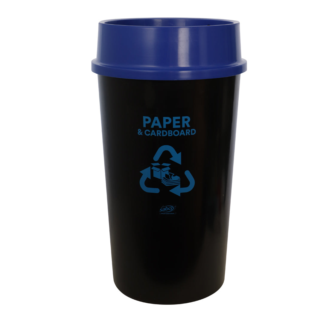 Black recycling bin with blue lid and text on a white background