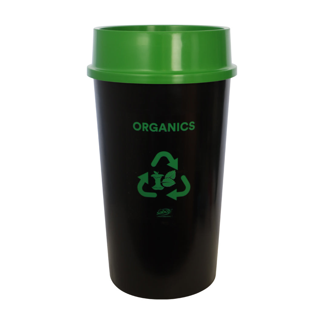 Black recycling bin with green lid and 'ORGANICS' text