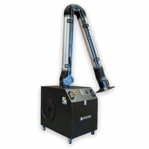 Industrial dust extraction system with two flexible arms on a white background