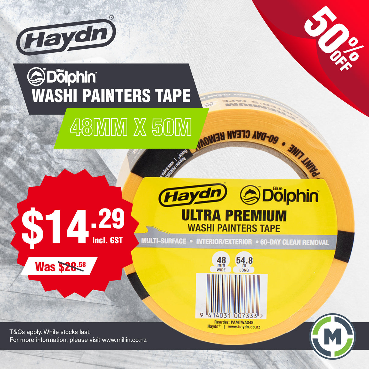 48mm Blue Dolphin Washi Painters Tape - The Flattest Tape For The Sharpest Paint Lines