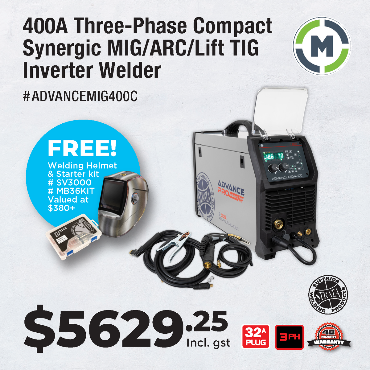 Strata 400A Three Phase Compact Synergic MIG/ARC/Lift TIG Inverter Welder - Added Value!