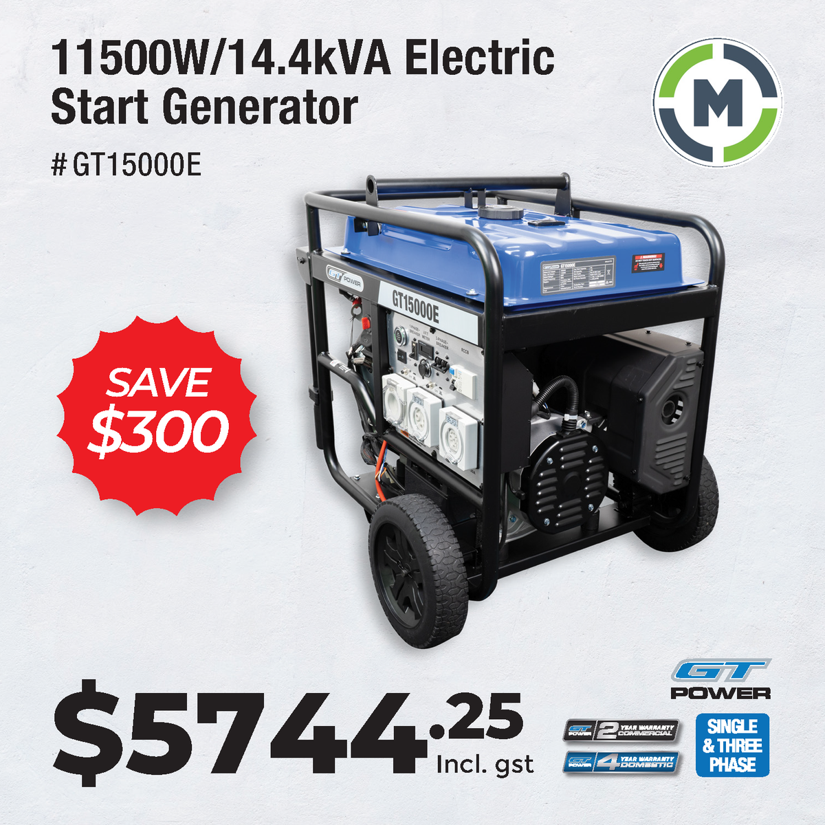 GT Power 11500W Push Button Electric Start Conventional Generator GT15000E - SAVE$$