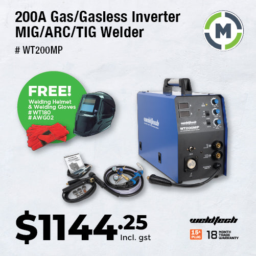 WeldTech 200A Gas / Gasless Inverter Welder - Mig / Tig And Arc Capable - Added Value!