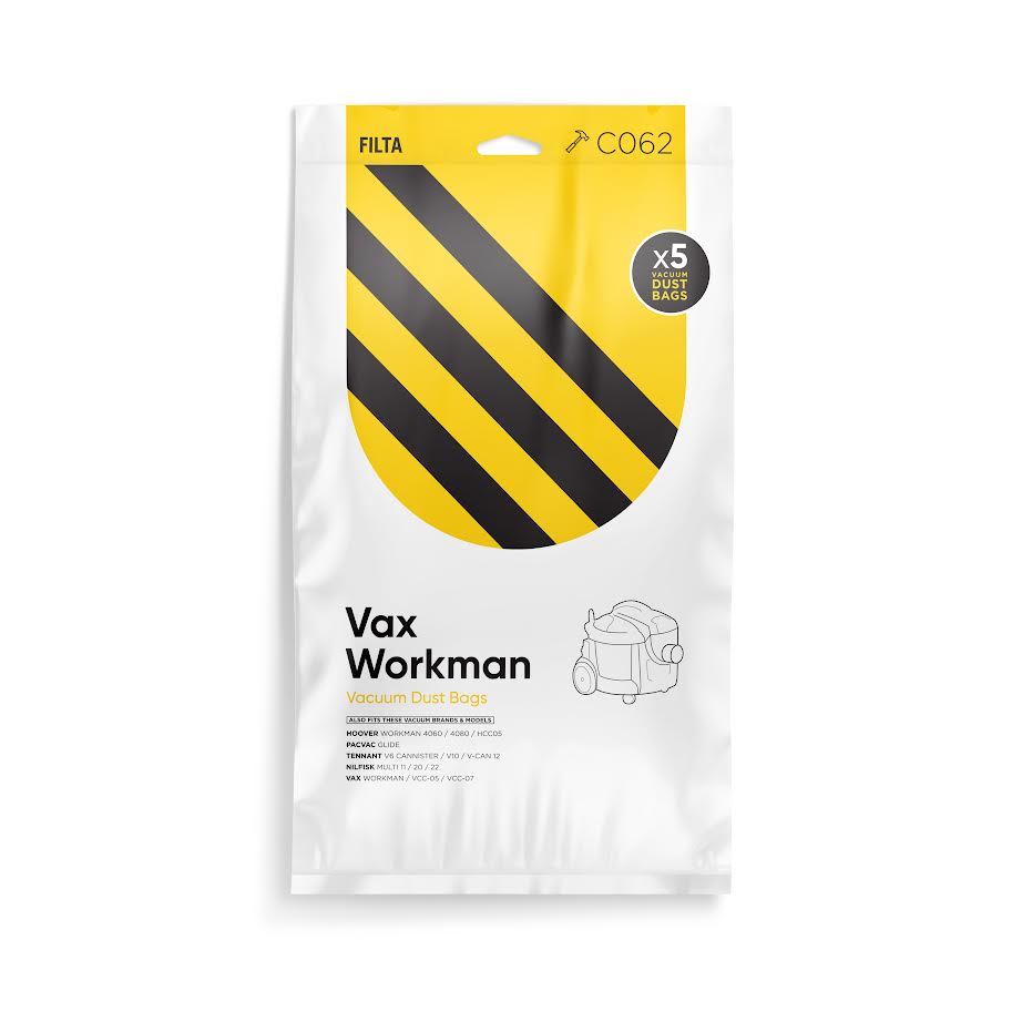 A pack of Vax Workman Microfibre Vacuum Bags. The packaging is primarily white with a yellow diagonal stripe design.