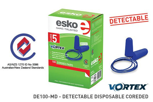 Vortex Metal Detectable Corded Earplugs - Food Industry Compliant