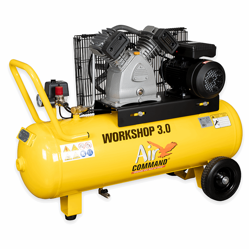 Yellow air compressor with 'Workshop 3.0' and 'Air Command' branding on a white background