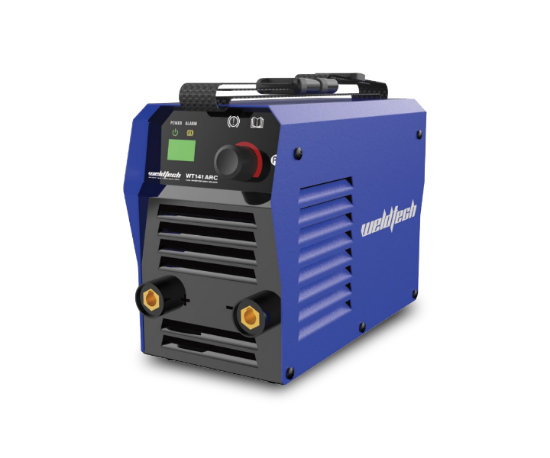A blue WeldTech 140A Inverter MMA Welder with a digital display and controls on the front panel.