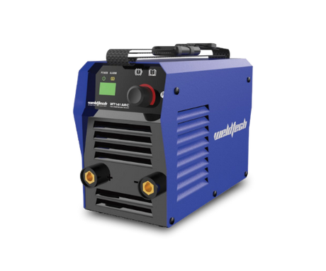 A blue WeldTech 140A Inverter MMA Welder with a digital display and controls on the front panel.