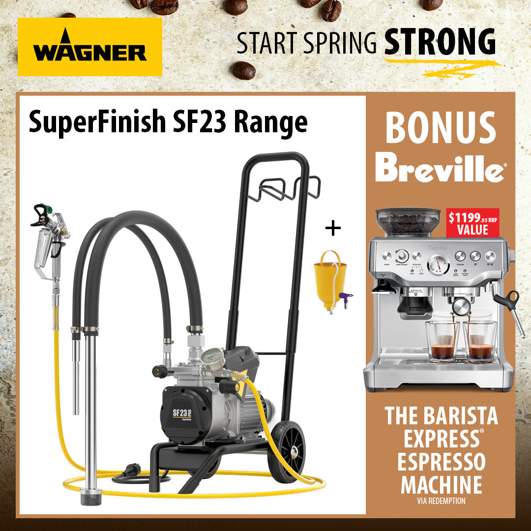 Wagner SuperFinish SF23 Range water pump and hose set shown with a Breville espresso machine offer on a textured beige background with coffee beans. The main product is a black and gray pump on a wheeled stand with yellow hoses and nozzles, alongside a promotional side panel offering a Breville espresso machine via reservation.