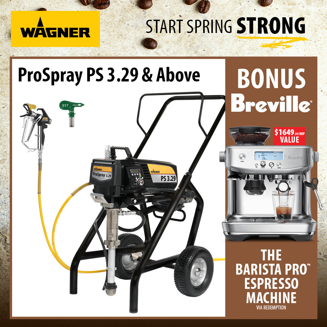 Wagner ProSpray PS 3.29 pressure washer shown with a hose and attachment on a white background, inside a promotional ad layout with Wagner branding, coffee beans, and a Breville espresso machine offer.