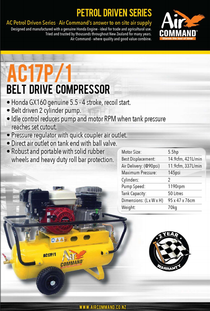 Honda Powered 5.5HP, 50L Belt Drive Compressor 