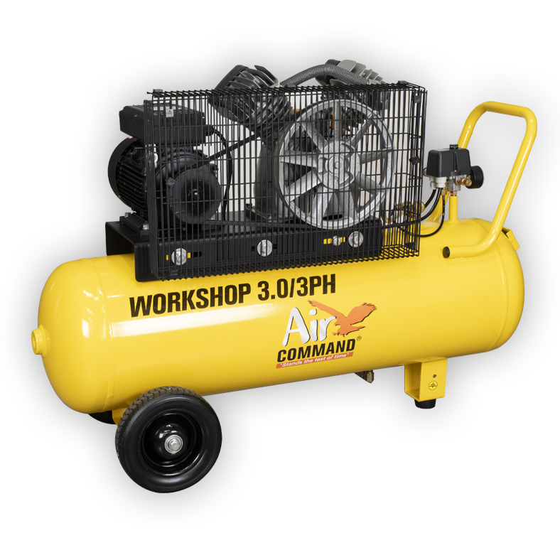 Yellow air compressor with 'Air Command' branding on a white background