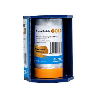 Roll of Cover Quick Gold tape in a blue holder on a white background