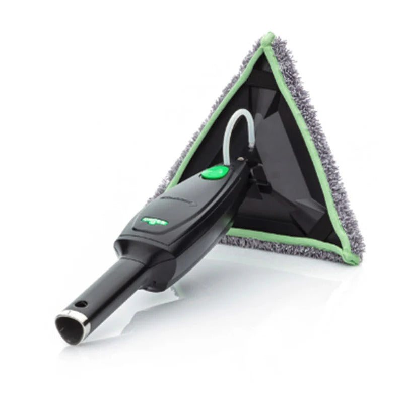 Window cleaning tool with a black handle and green accents on a white background