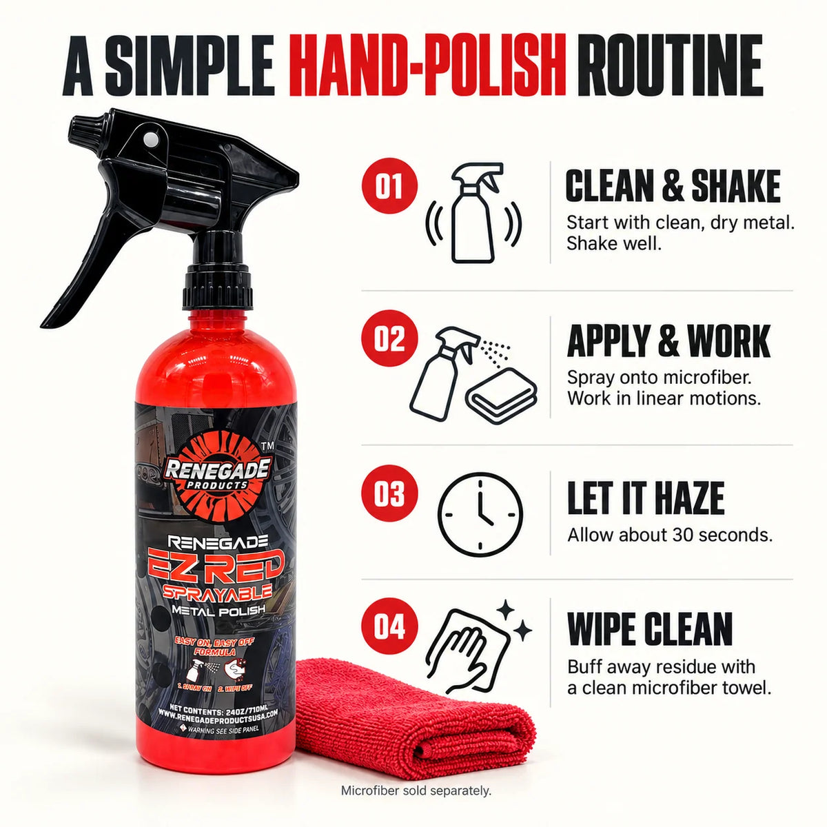 A red spray bottle of Renegade BZ Red Metal Polish with a black trigger sprayer, shown next to a folded red microfiber towel on a white background. The image includes an infographic titled 'A SIMPLE HAND-POLISH ROUTINE' with four numbered steps and icons explaining how to clean, shake, apply, and wipe the polish.