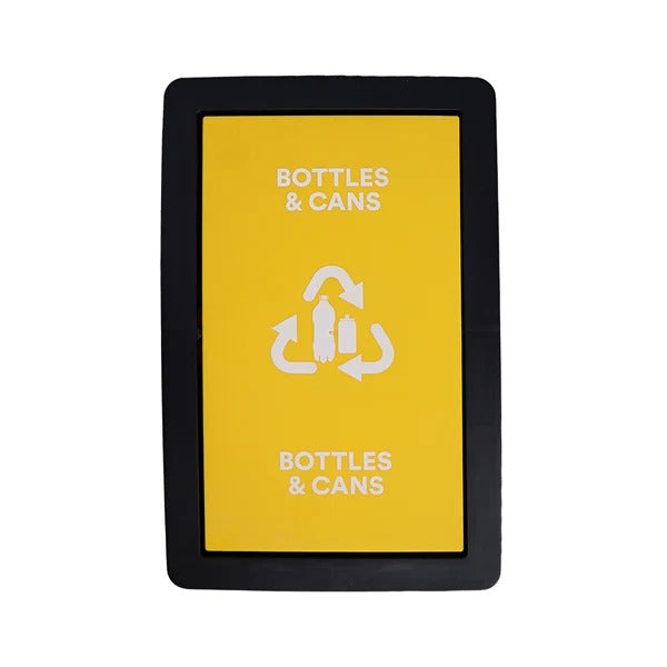 A recycling bin cover with a black outer frame and a bright yellow center panel featuring the text 'BOTTLES & CANS' and a white recycling symbol.