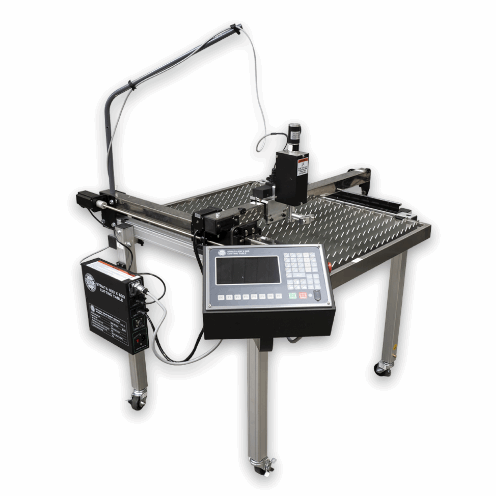 A large industrial CNC milling machine with a diamond-plate patterned work table, a vertical arm, a digital control panel, and an external power supply on a white background.