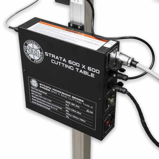 A black Strata 600 x 600 cutting table motor enclosure mounted on a silver vertical column with visible cables and connectors against a white background.