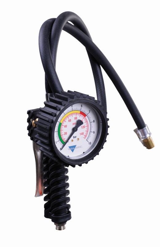 Black tire inflator with pressure gauge on a white background