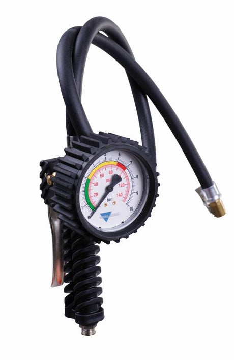 Black tire inflator with pressure gauge on a white background