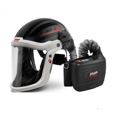 A black and whiteVanguard helmet with a clear face shield, shown with an attached black air compressor hose on a white background.