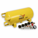 A yellow AC/AT Command air compressor tank with its included accessories, including various black and silver nozzles, a red regulator, and a black gauge, displayed on a clean white background.